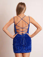 KissProm Sheath Royal Blue Sequined V-Neck Short Homecoming Dress | This striking dress features a sleek sheath silhouette and is made from shimmering sequins that catch the light beautifully. The deep V-neckline adds a touch of sophistication.