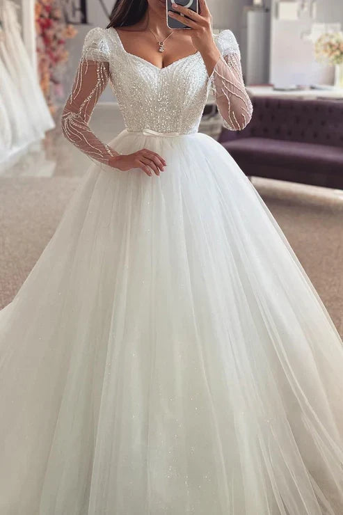 Bateau Long Sleeve Sequined Appliques Empire Tulle Wedding Dress - KissProm