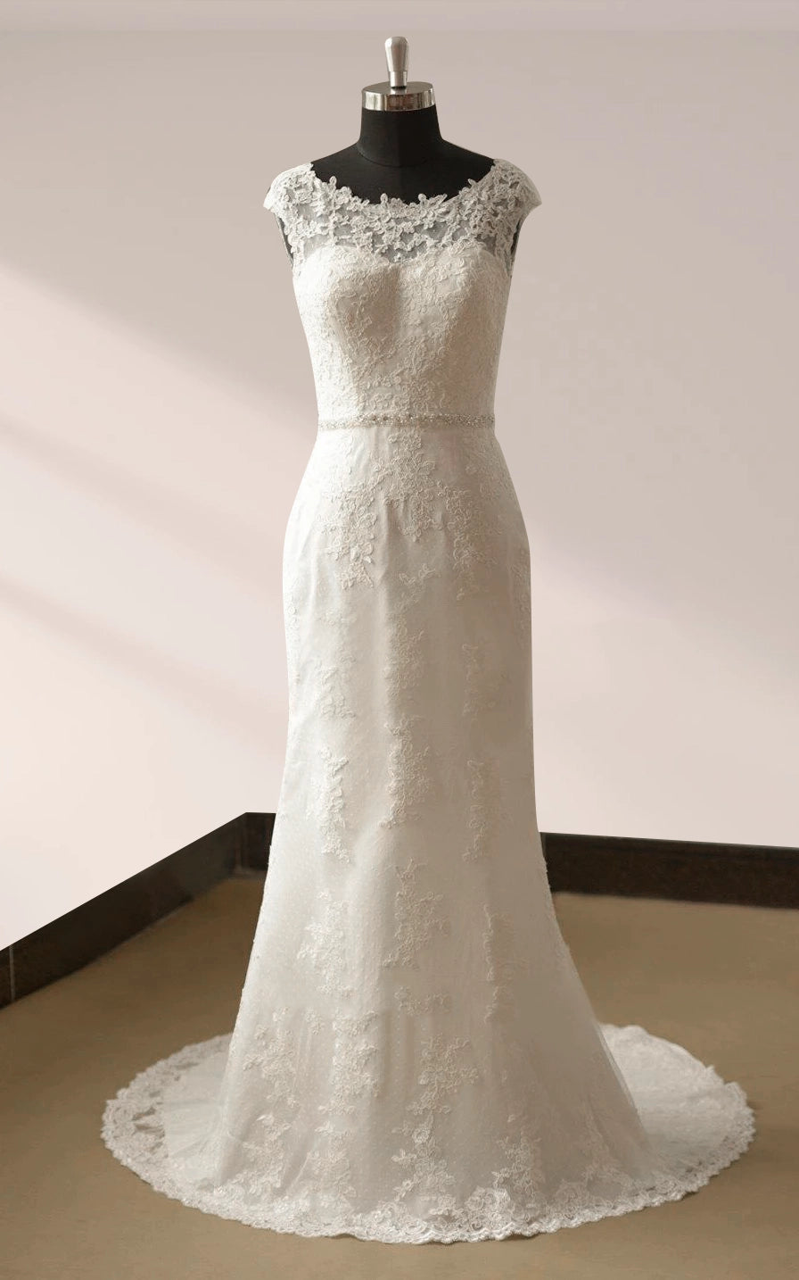 Bateau Neck Cap Sleeve Fit and Flare Lace Wedding Dress - KissProm