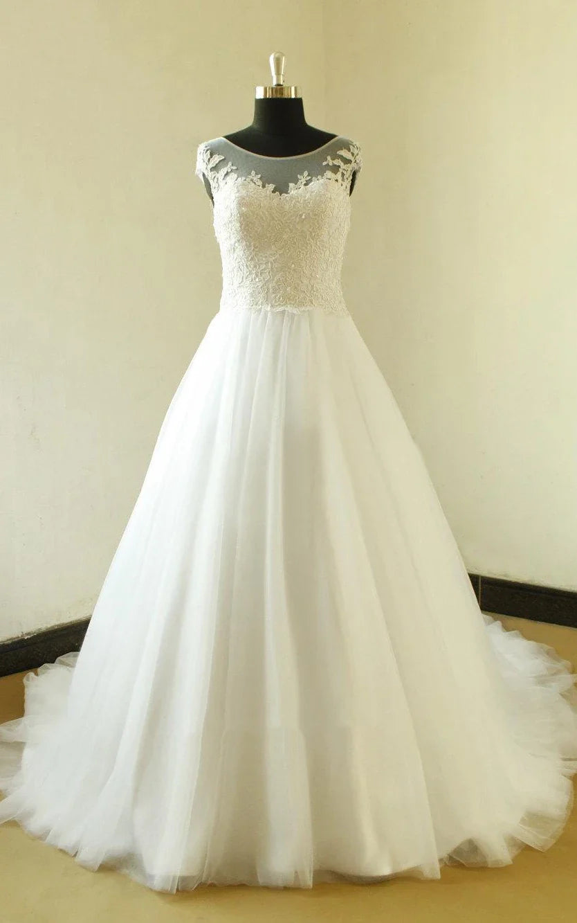 Cap Sleeve A - Line Lace Appliques Beading Zipper Tulle Wedding Dress - KissProm