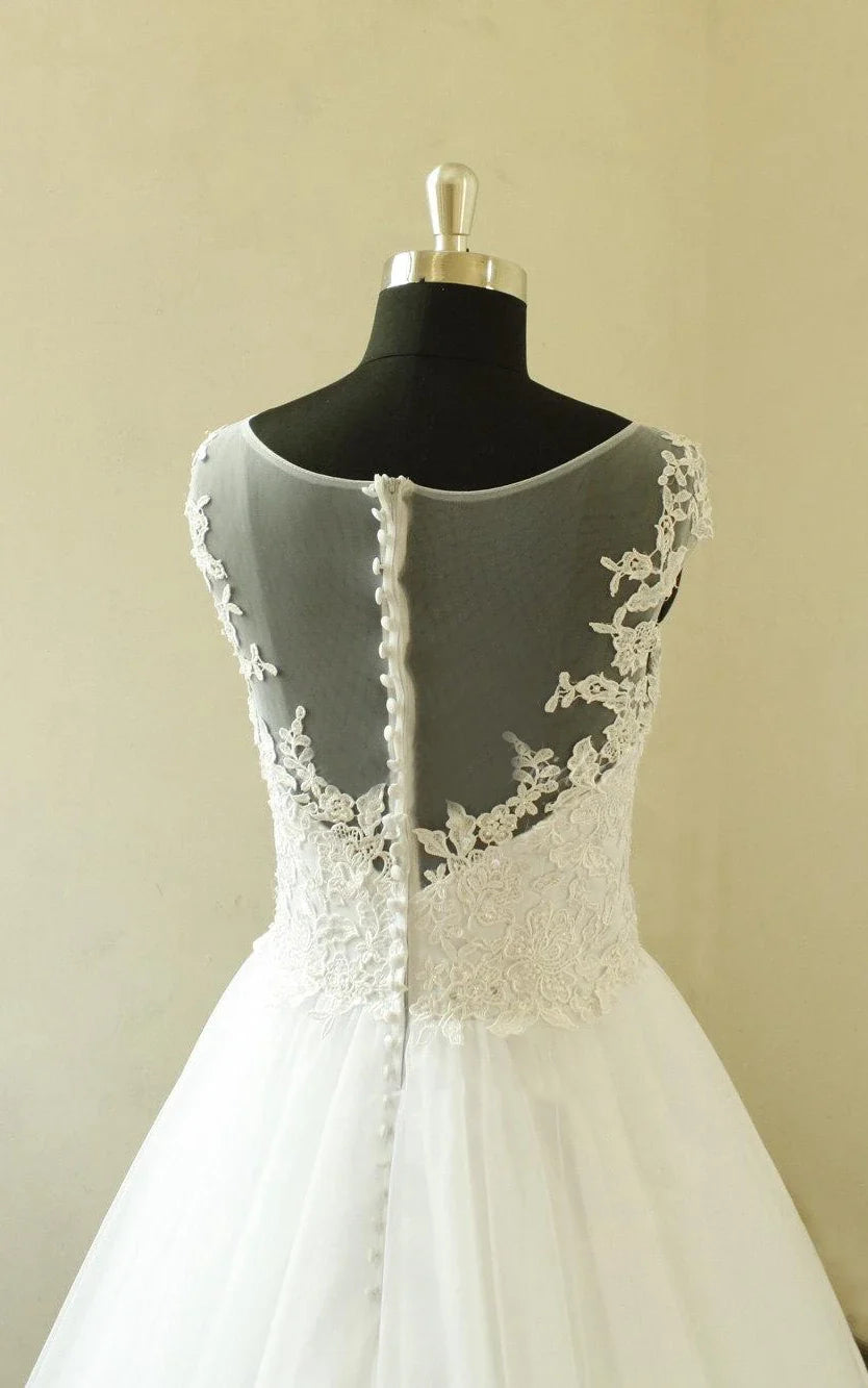 Cap Sleeve A - Line Lace Appliques Beading Zipper Tulle Wedding Dress - KissProm