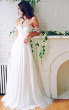 Beach Chiffon A line Floor Length Off - Shoulder Bridal Gown With Pleats - KissProm