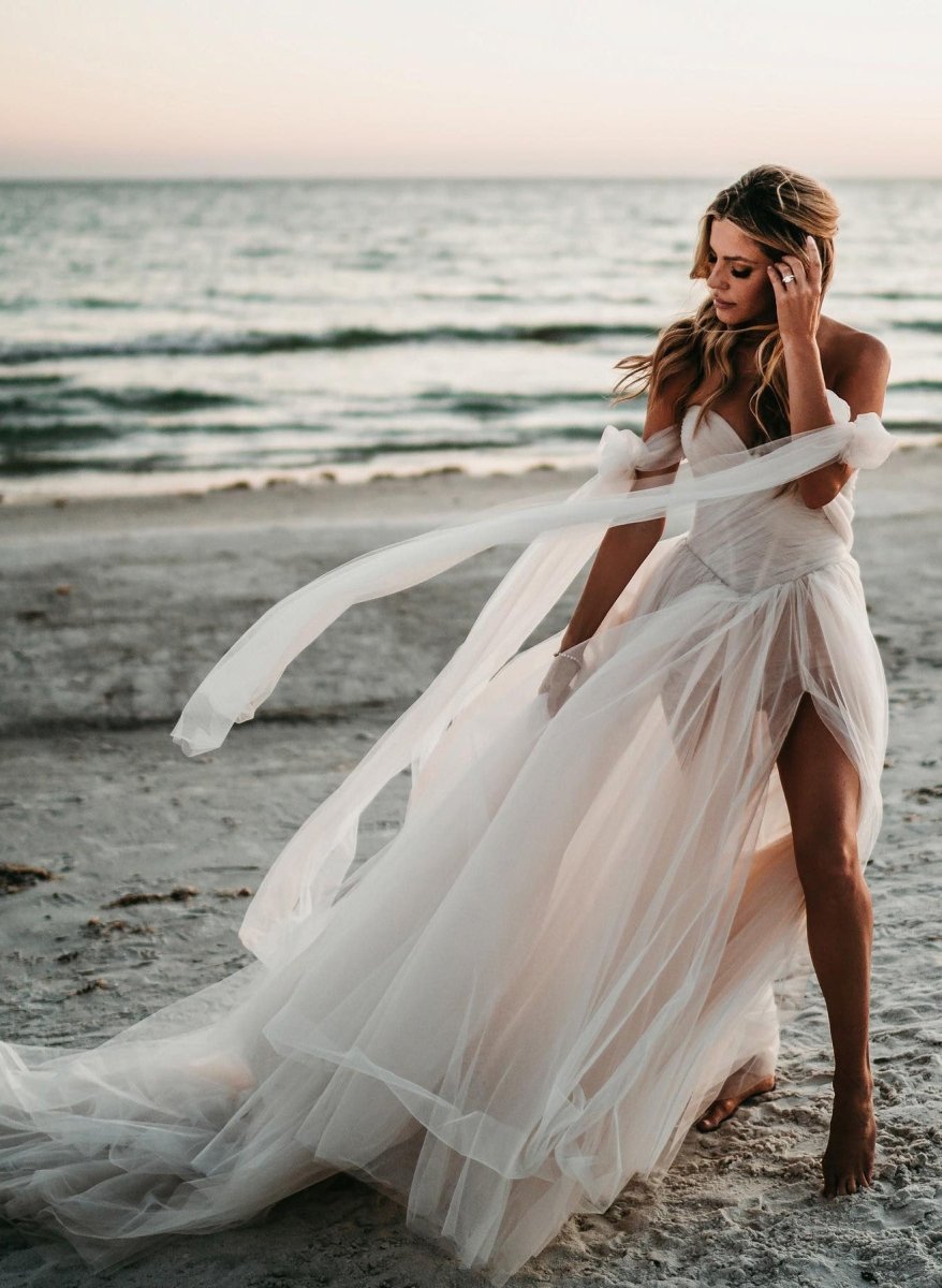 Kaydra | Beach Pleated Tulle Off - The - Shoulder A - Line Wedding Dresses With Slit - KissProm