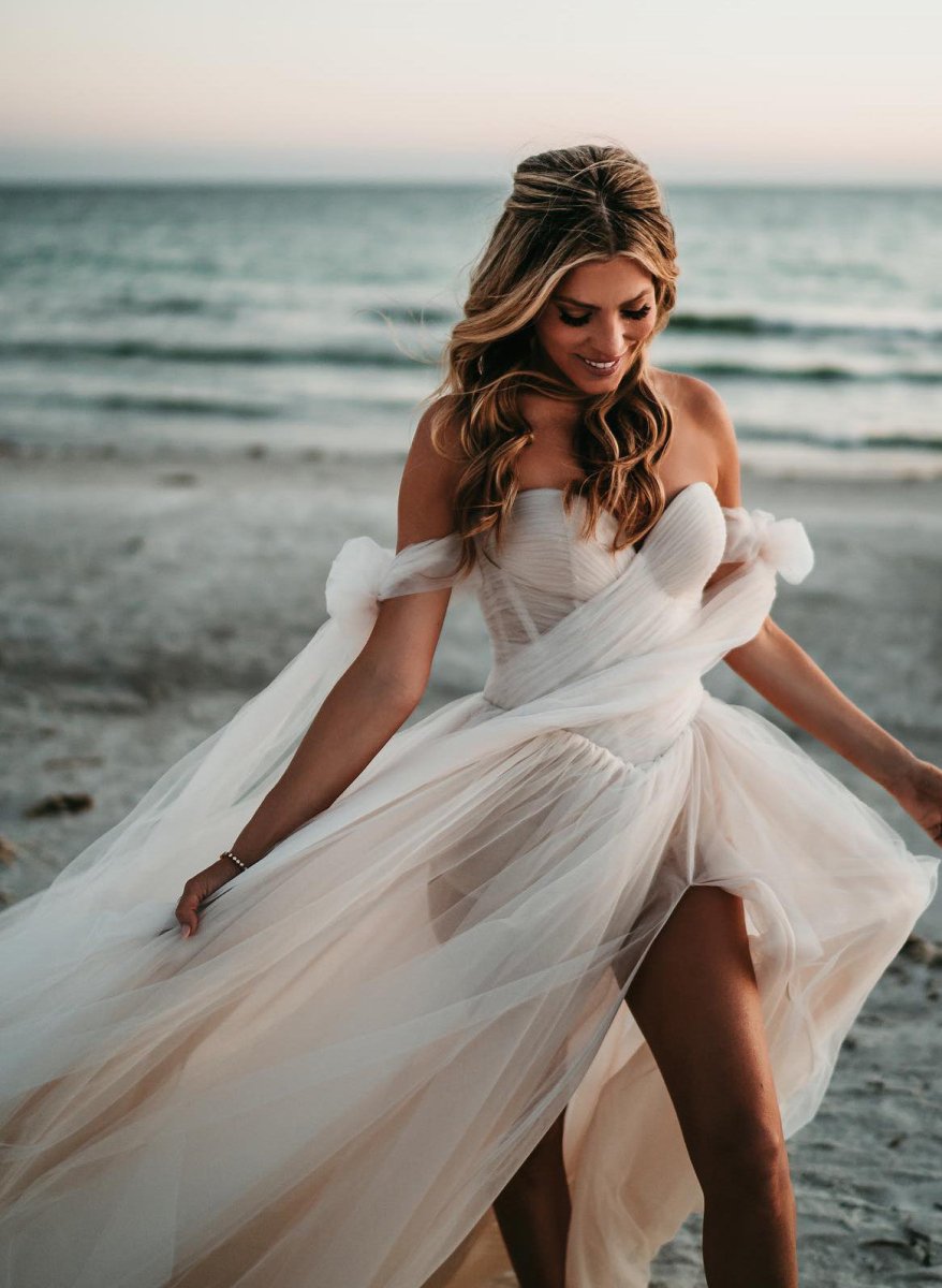 Kaydra | Beach Pleated Tulle Off - The - Shoulder A - Line Wedding Dresses With Slit - KissProm