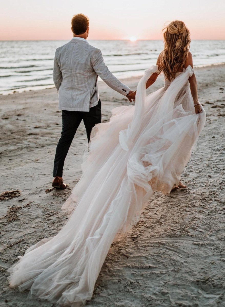 Kaydra | Beach Pleated Tulle Off - The - Shoulder A - Line Wedding Dresses With Slit - KissProm