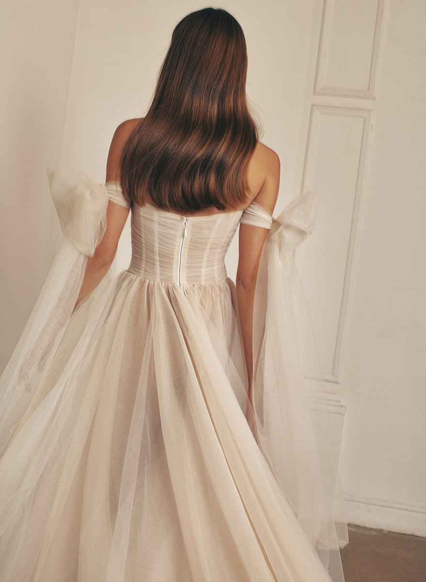 Kaydra | Beach Pleated Tulle Off - The - Shoulder A - Line Wedding Dresses With Slit - KissProm