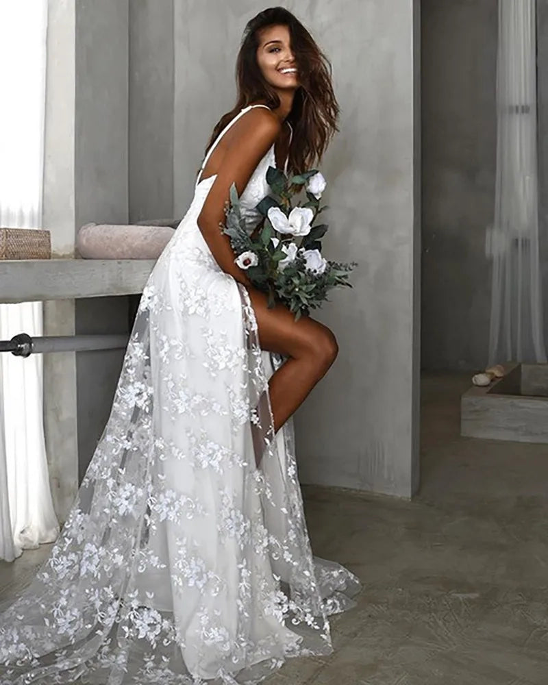 Beach V - Neck Sparkly Lace Wedding Dresses With Split Front - KissProm