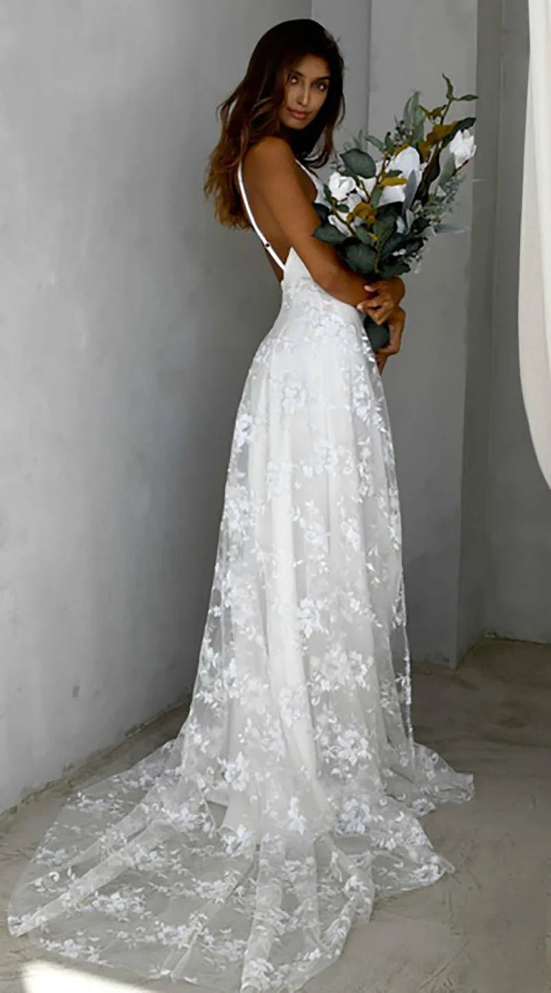 Beach V - Neck Sparkly Lace Wedding Dresses With Split Front - KissProm