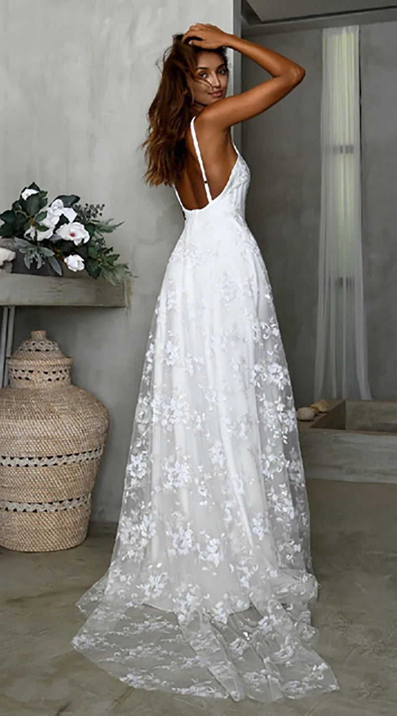 Beach V - Neck Sparkly Lace Wedding Dresses With Split Front - KissProm