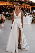 Attractive Deep V - Neck White Satin Bohemian Wedding Dress - KissProm