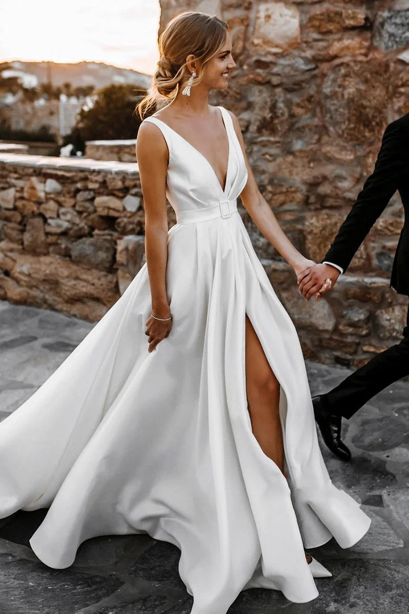 Attractive Deep V - Neck White Satin Bohemian Wedding Dress - KissProm