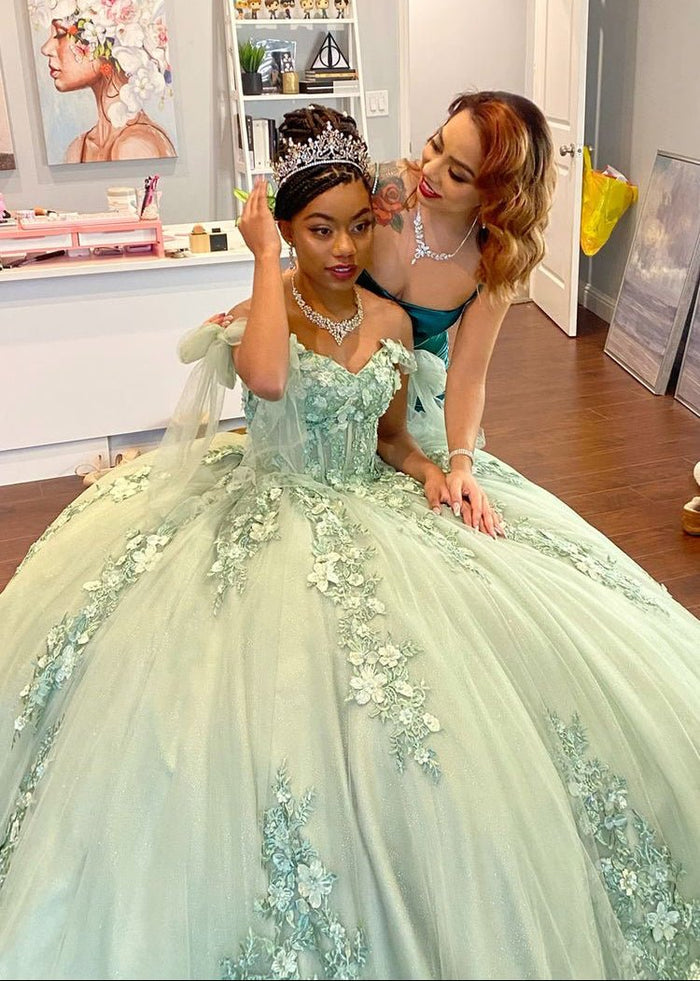 Letitia | Ball Gown Lace Off the Shoulder Sage Green Quinceanera Dress