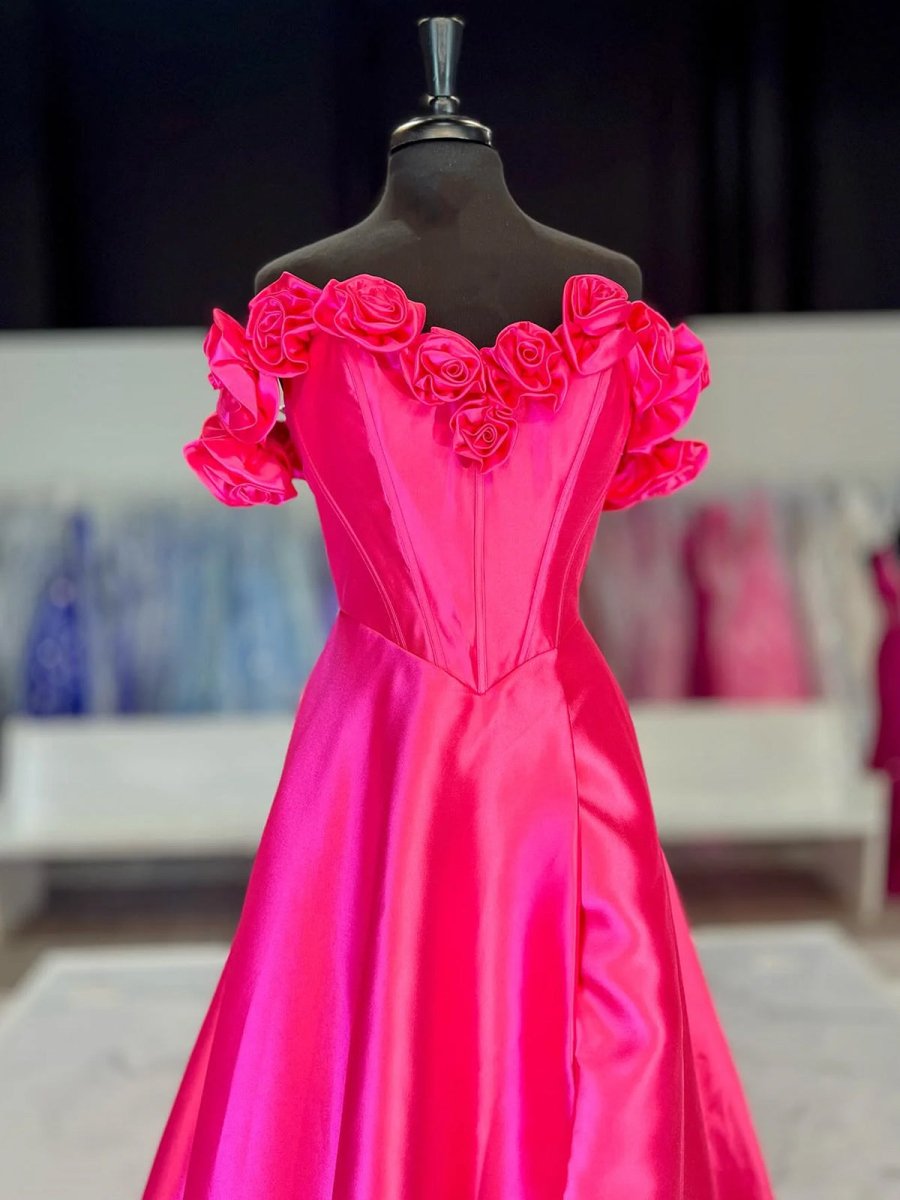 Benson | Fuchsia Off the Shoulder Corset Bodice A - Line Prom Dress - KissProm