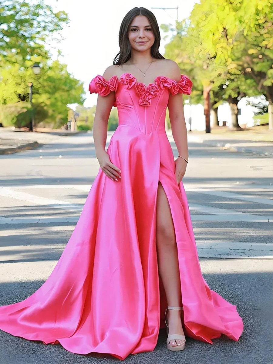 Benson | Fuchsia Off the Shoulder Corset Bodice A - Line Prom Dress - KissProm