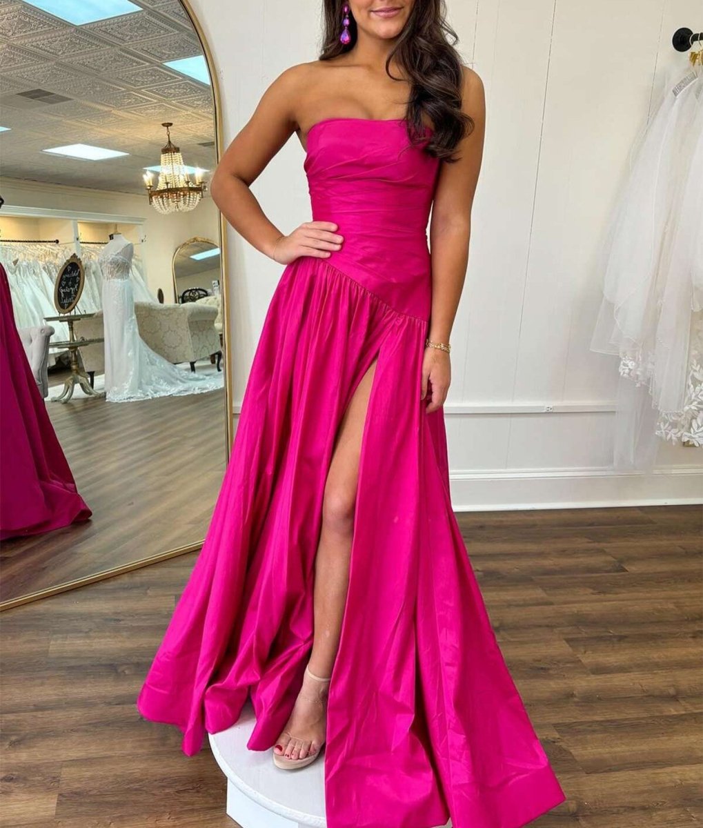 Beth | Fuchsia Strapless Taffeta A - line Long Formal Dress - KissProm