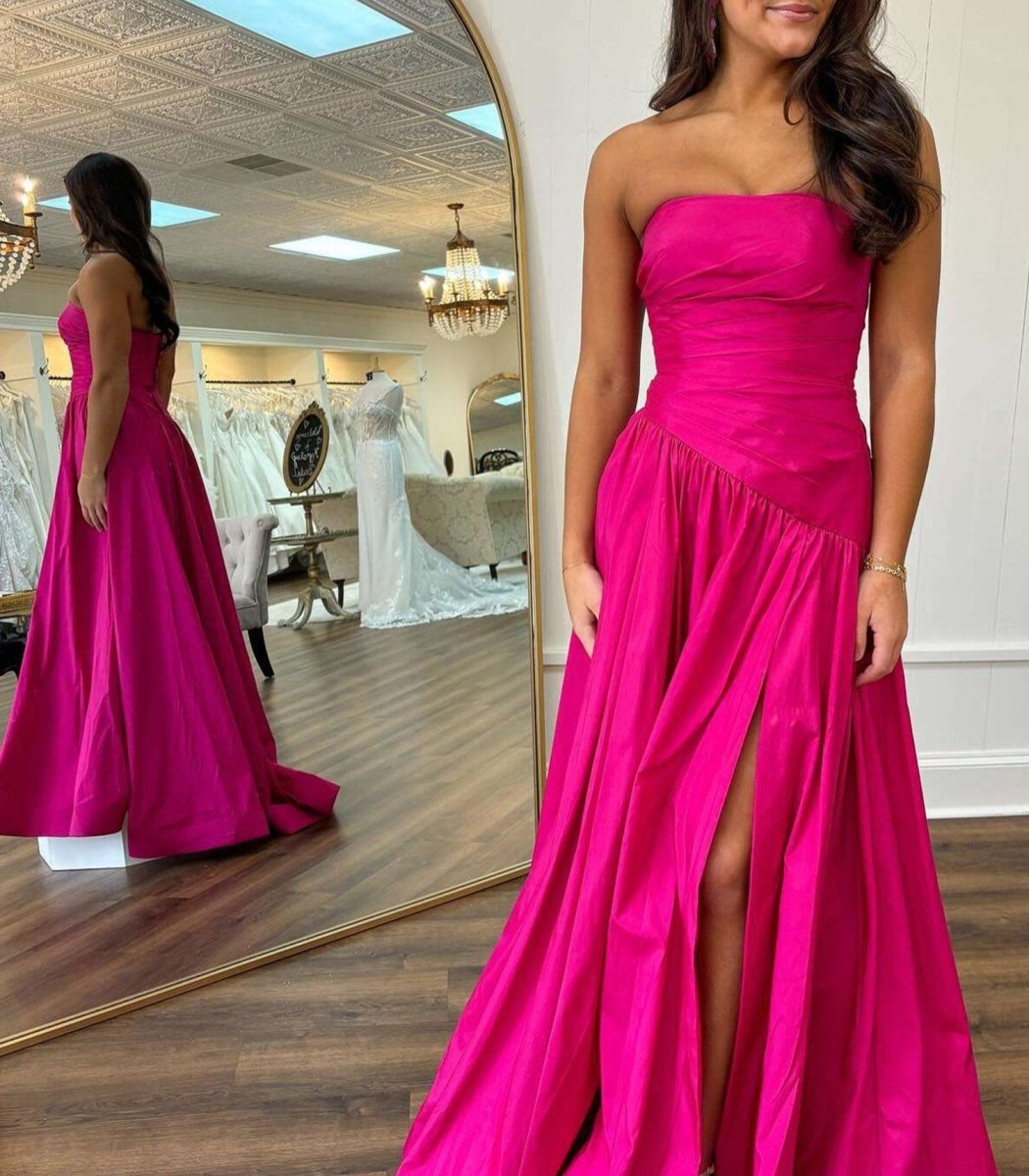 Beth | Fuchsia Strapless Taffeta A - line Long Formal Dress - KissProm