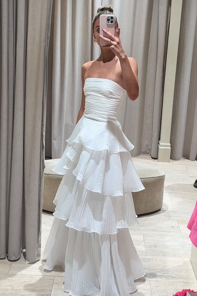 Cute A - Line Chiffon Strapless Tiered Wedding Dresses - KissProm