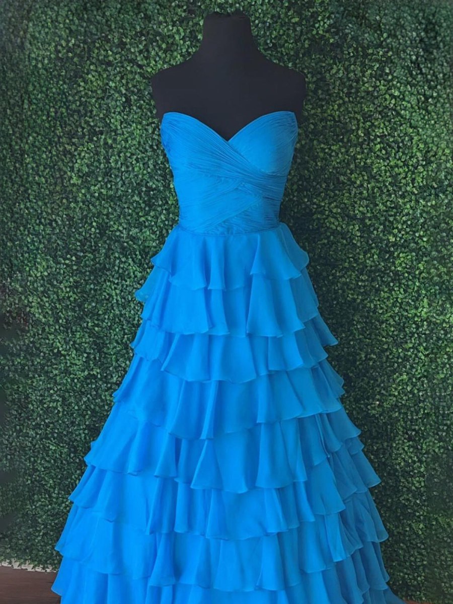 Bindi | Sweetheart Blue Chiffon Tiered A - line Prom Dresses - KissProm