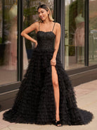 Jordan | A - Line Tiered Sequins Tulle Long Prom Dress - KissProm