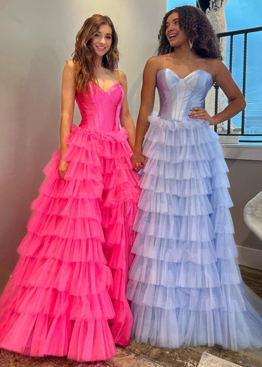 Harmony |A - Line Sweetheart Tiered Tulle Prom Dress with Slit - KissProm