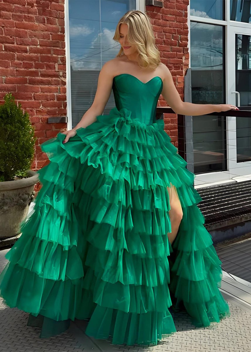 Harmony |A - Line Sweetheart Tiered Tulle Prom Dress with Slit - KissProm