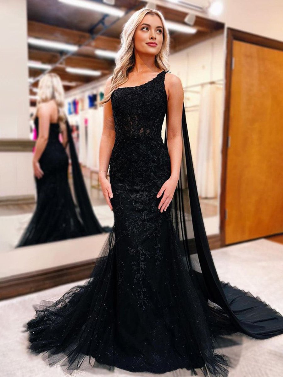 Black One Shoulder Appliques Mermaid Long Prom Dresses - KissProm