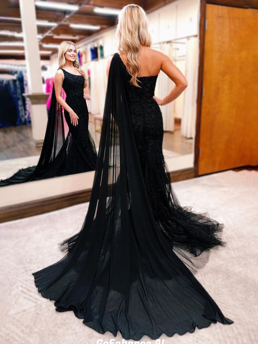 Black One Shoulder Appliques Mermaid Long Prom Dresses - KissProm