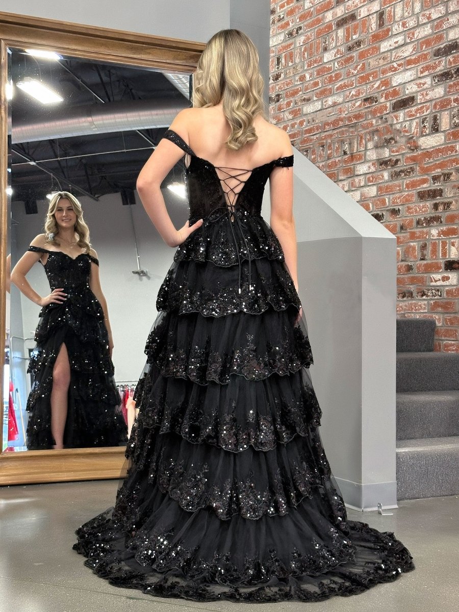 Black Princess A Line Off the Shoulder Corset Prom Dress with Lace Ruffles - KissProm