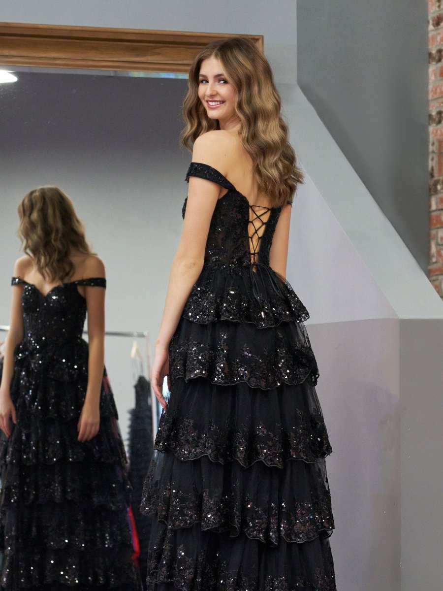 Black Princess A Line Off the Shoulder Corset Prom Dress with Lace Ruffles - KissProm