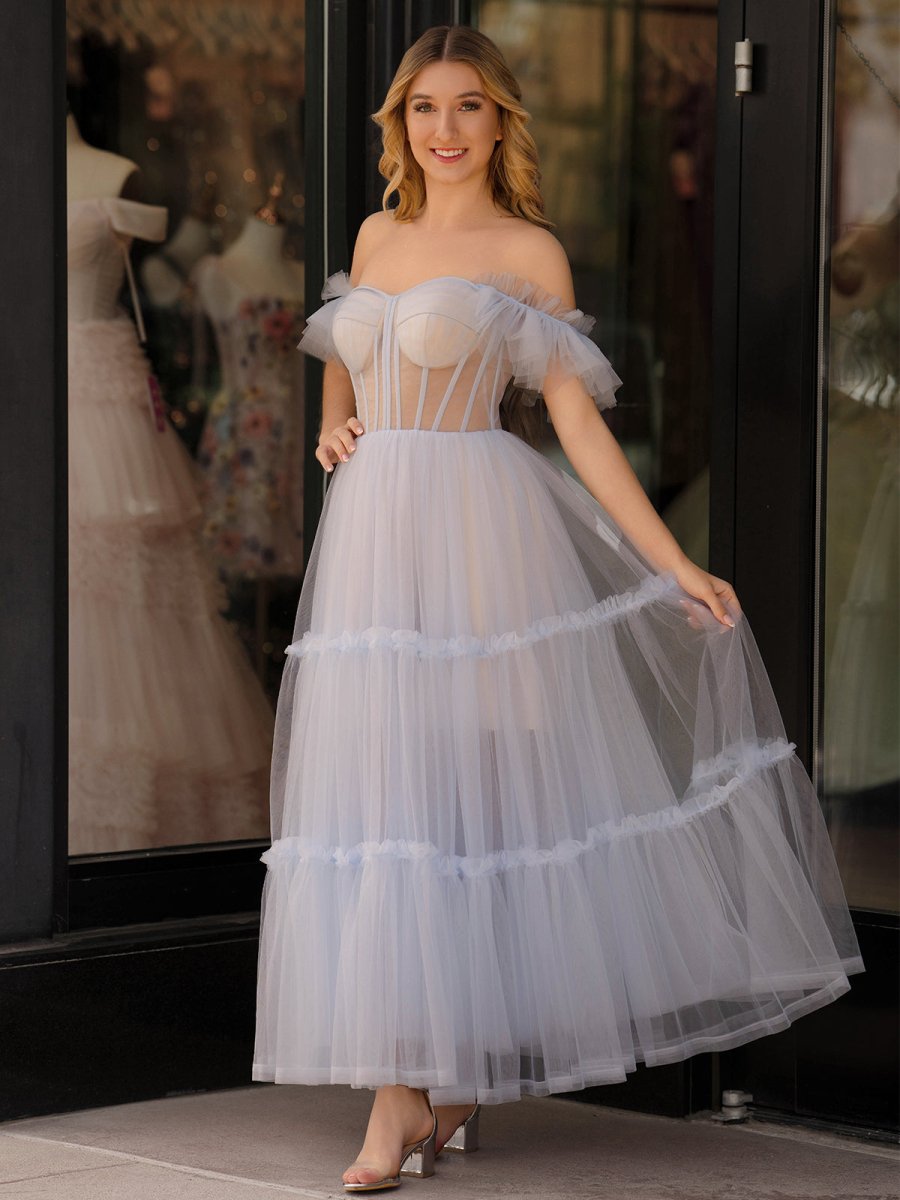 Katalina |A - Line Corset Ruffled Tulle Prom Dress - KissProm