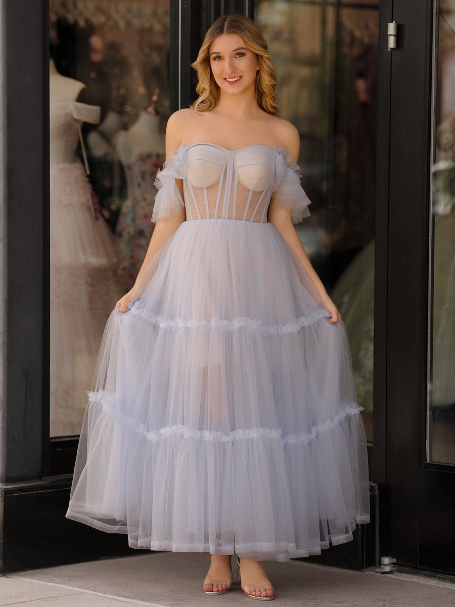 Katalina |A - Line Corset Ruffled Tulle Prom Dress - KissProm