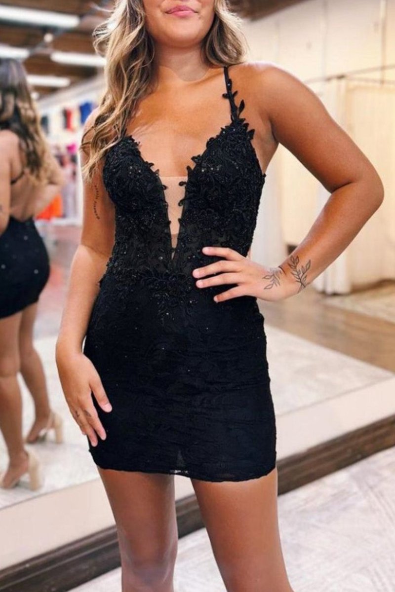 Black Spaghetti Straps Cross Back Beading Short Homecoming Dress - KissProm