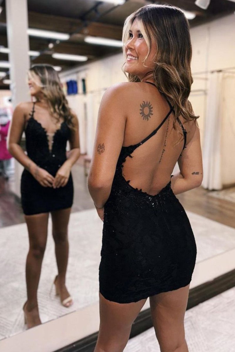 Black Spaghetti Straps Cross Back Beading Short Homecoming Dress - KissProm