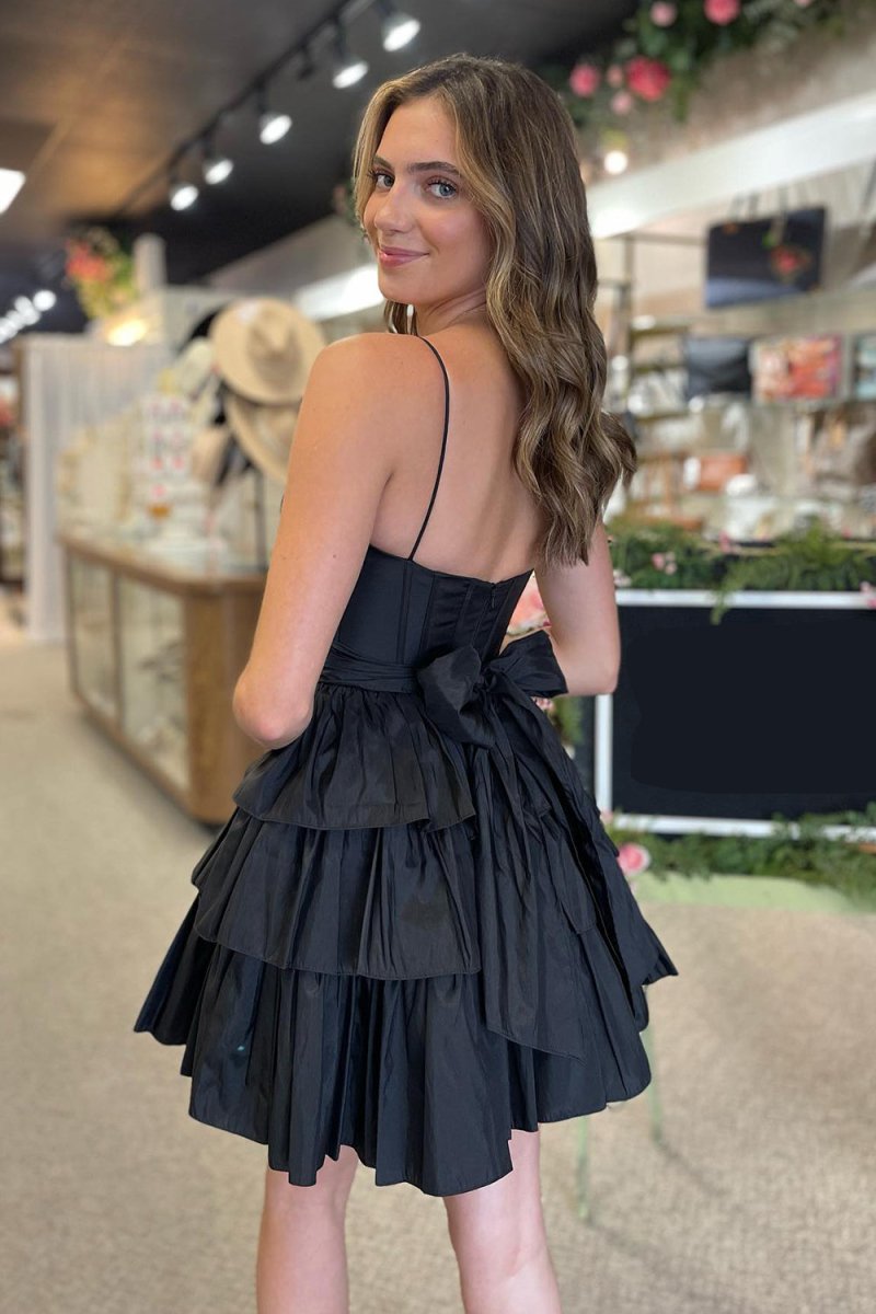 Ivilia | Black Spaghetti Straps Satin A - Line Ruffled Short Corset Homecoming Dress with Bow - KissProm