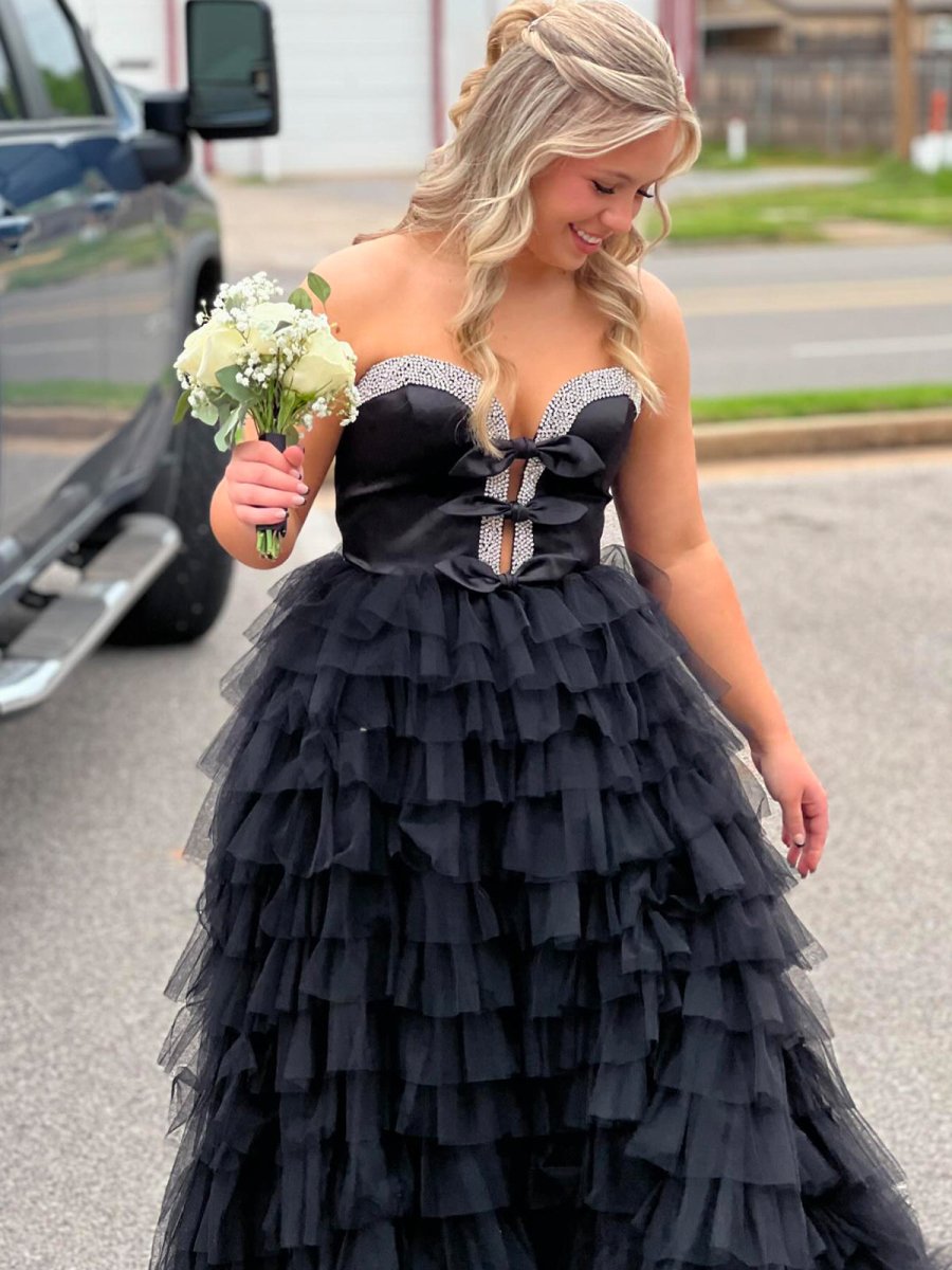 Peggy | Black Strapless Bow Ruffle Long Prom Dress with Slit - KissProm