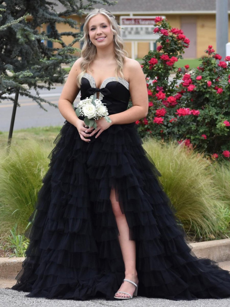 Peggy | Black Strapless Bow Ruffle Long Prom Dress with Slit - KissProm