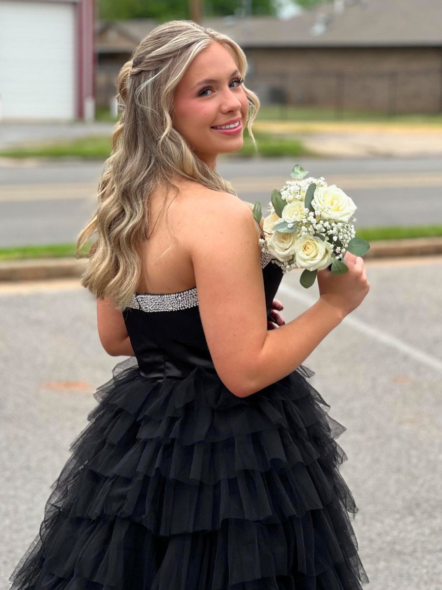 Peggy | Black Strapless Bow Ruffle Long Prom Dress with Slit - KissProm