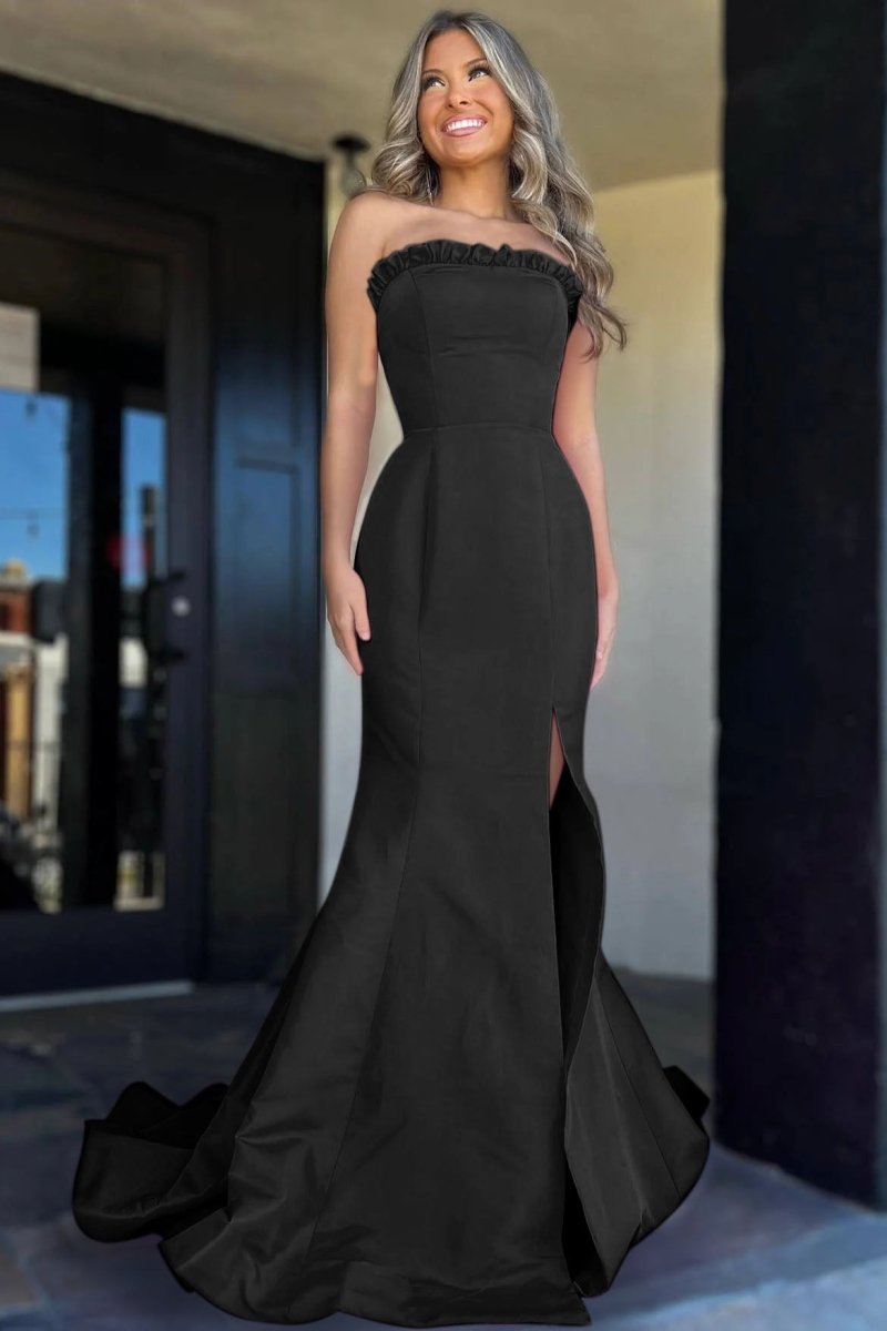 Denver | Strapless Maganta Ruffle Mermaid Slit Long Prom Dress - KissProm