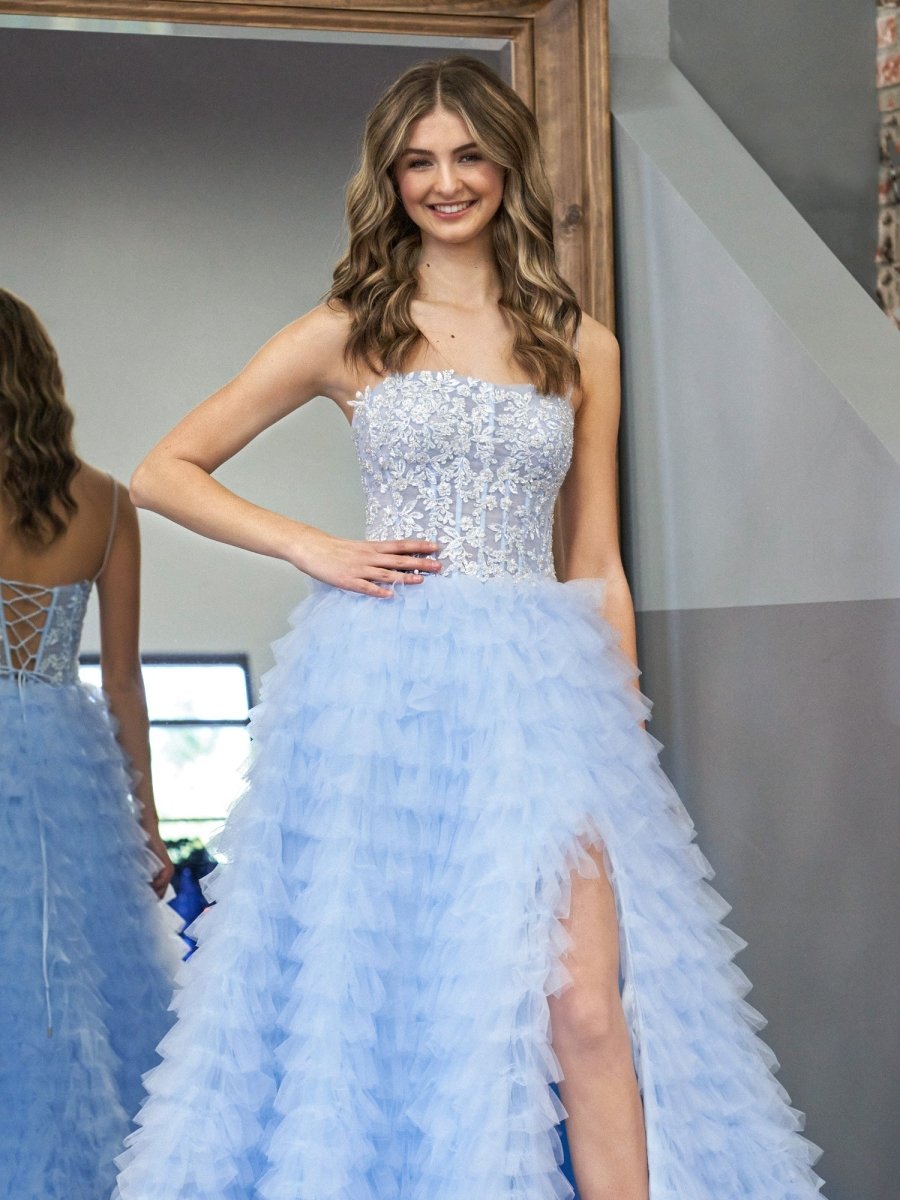 Jordan | Sky Blue A - Line Tiered Sequins Tulle Long Prom Dress - KissProm