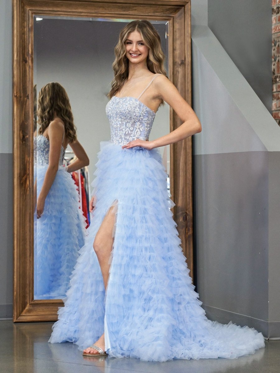 Jordan | Sky Blue A - Line Tiered Sequins Tulle Long Prom Dress - KissProm