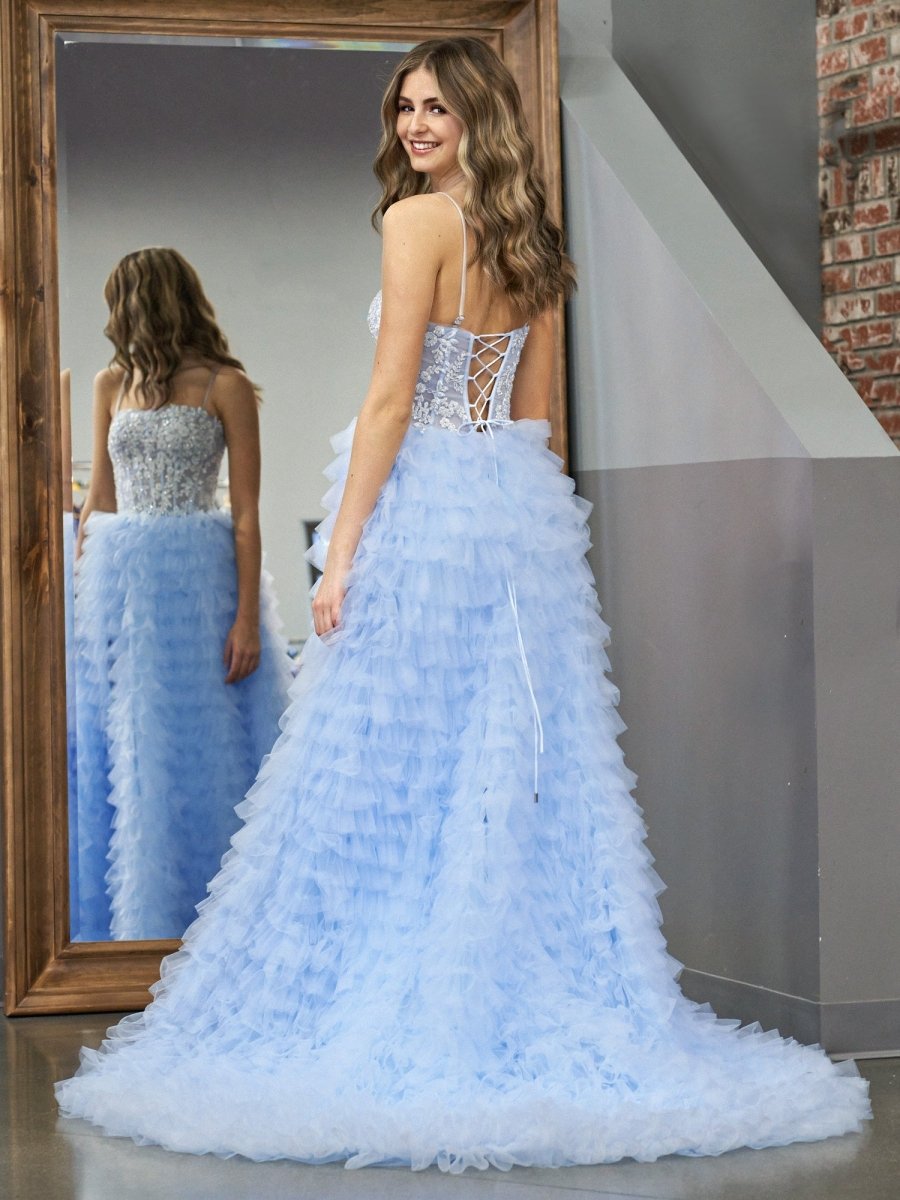 Jordan | Sky Blue A - Line Tiered Sequins Tulle Long Prom Dress - KissProm