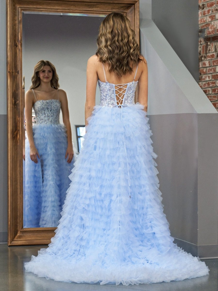 Jordan | Sky Blue A - Line Tiered Sequins Tulle Long Prom Dress - KissProm