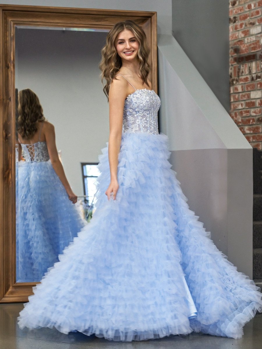 Jordan | Sky Blue A - Line Tiered Sequins Tulle Long Prom Dress - KissProm