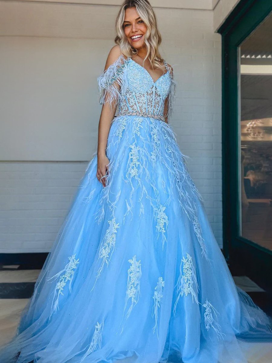 Amalia |A line V Neck Lace Tulle Prom Dress with Beading and Feather - KissProm