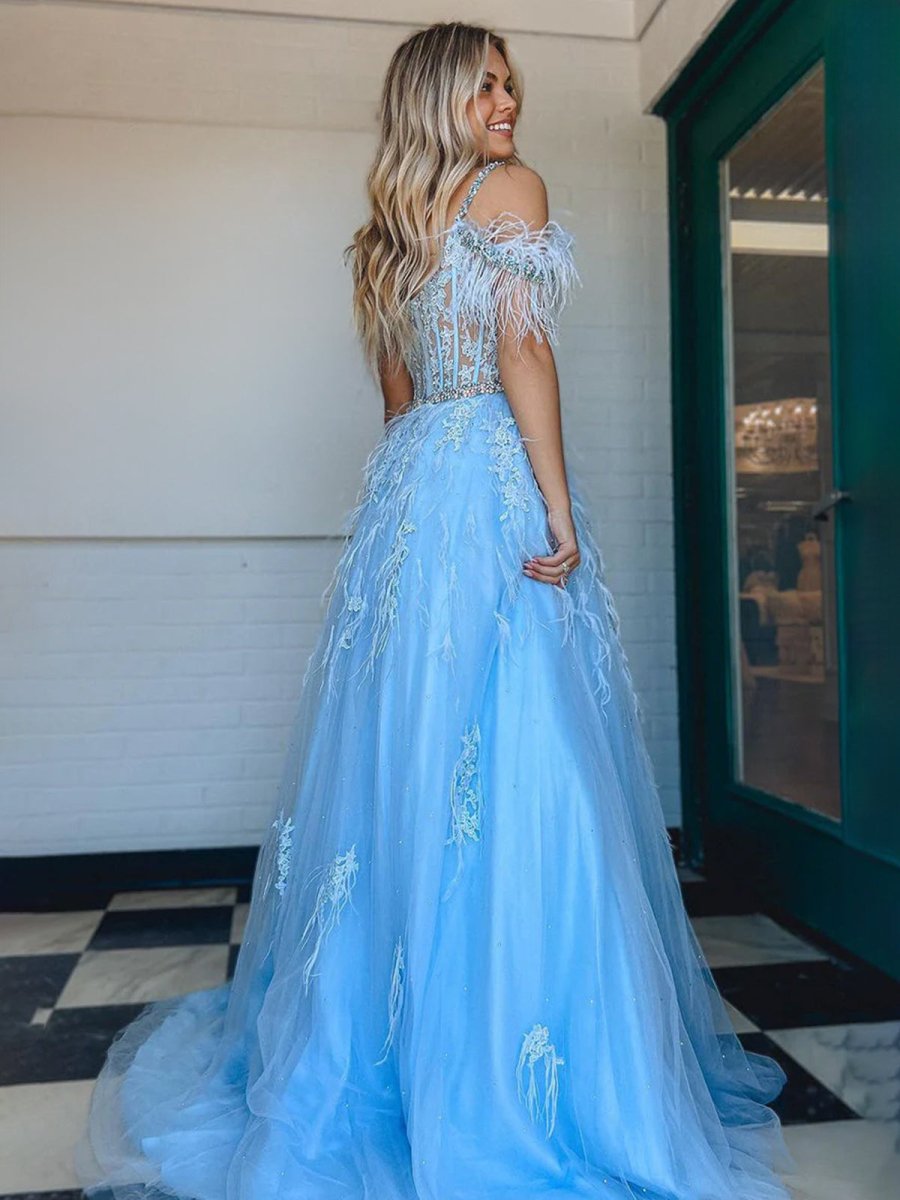 Amalia |A line V Neck Lace Tulle Prom Dress with Beading and Feather - KissProm