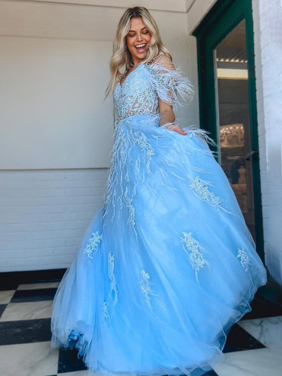 Amalia |A line V Neck Lace Tulle Prom Dress with Beading and Feather - KissProm