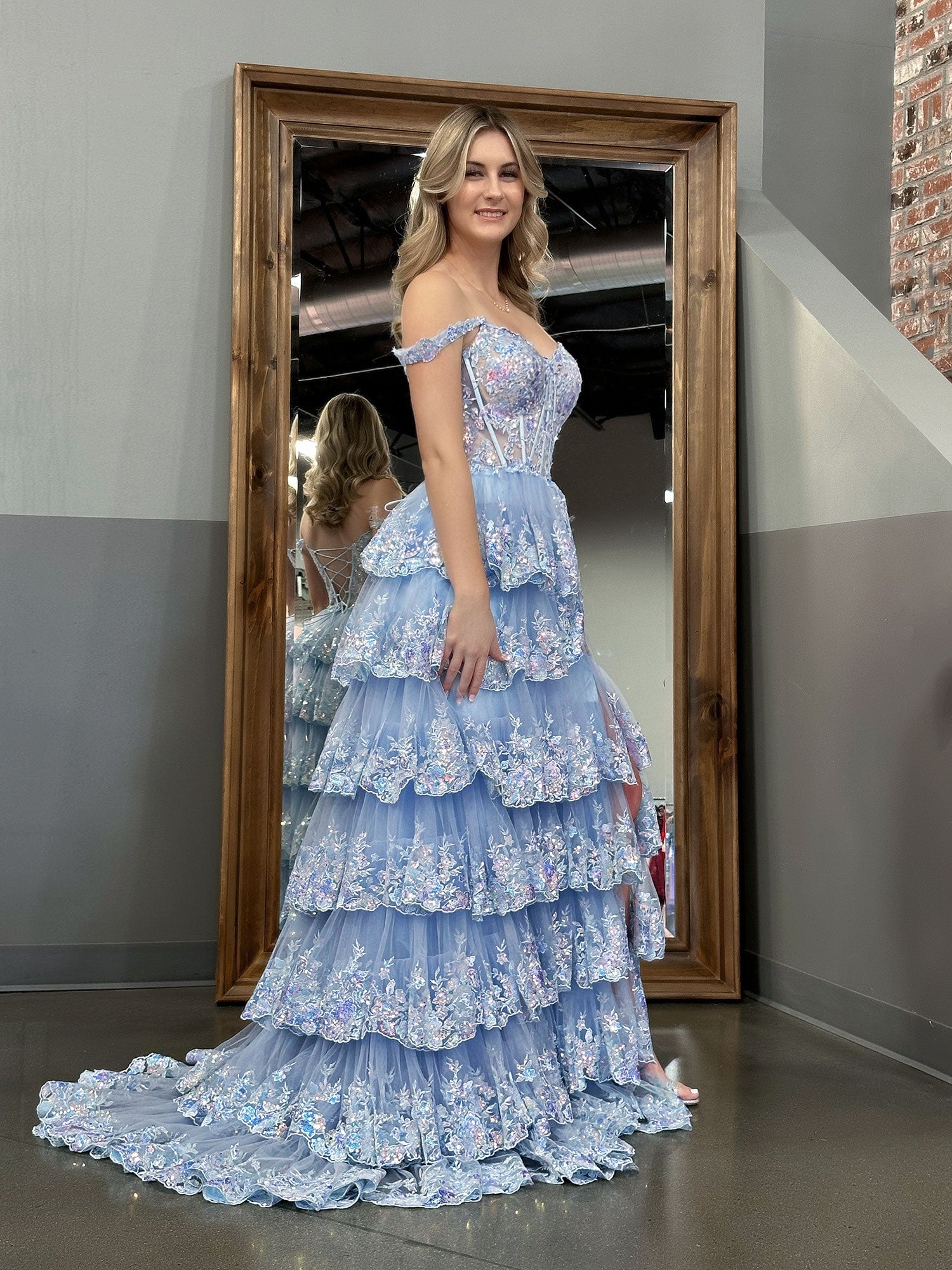 Capri | Blue Crystal Sequins Princess A Line Off the Shoulder Prom Dress with Lace Ruffles