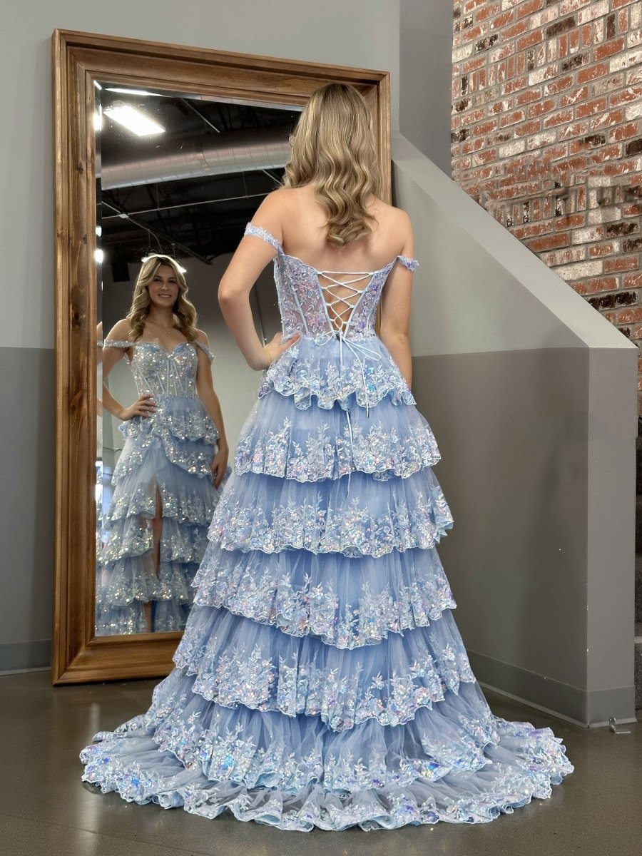 Capri | A - Line Lace Off - the - Shoulder Tiered Long Prom Dress with Slit - KissProm