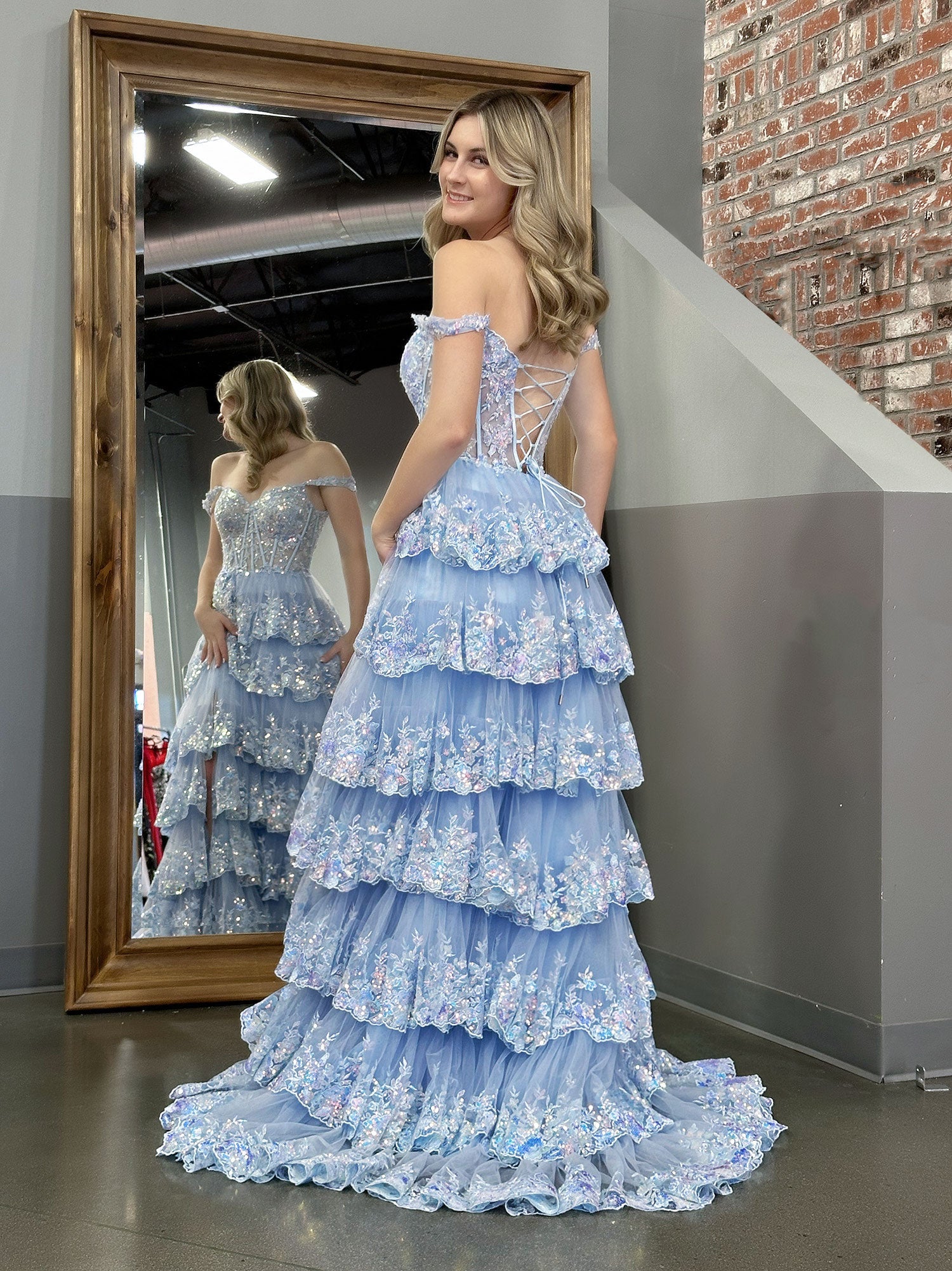 Capri | Blue Crystal Sequins Princess A Line Off the Shoulder Prom Dress with Lace Ruffles