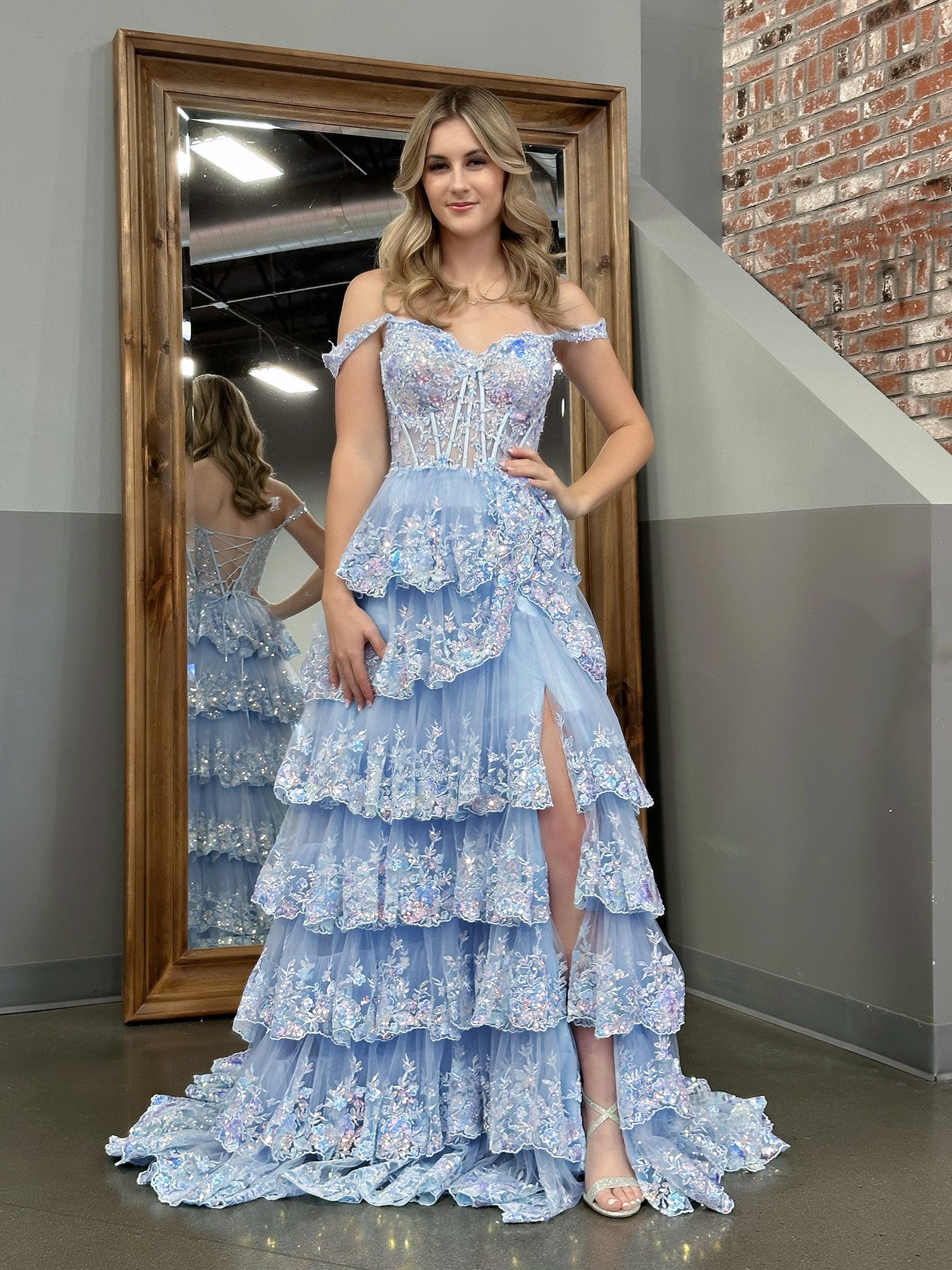 Capri | Blue Crystal Sequins Princess A Line Off the Shoulder Prom Dress with Lace Ruffles